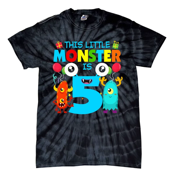 5 Year Old Gifts This Little Monster Is 5th Birthday Boy Tie-Dye T-Shirt