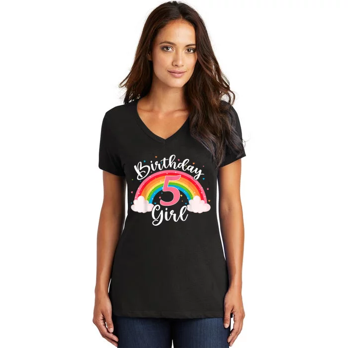 5 Years Old Birthday Girl Rainbow For Girls 5th Birthday Women's V-Neck T-Shirt