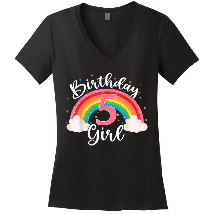 5 Years Old Birthday Girl Rainbow For Girls 5th Birthday Women's V-Neck T-Shirt