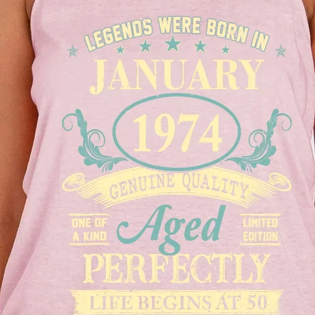 50 Yrs Old 50th Birthday Gift Legends Born In January 1974 Women's Knotted Racerback Tank