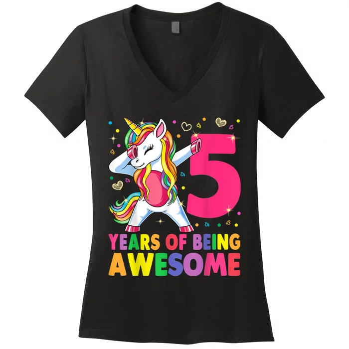 5 Years Old Unicorn Dabbing 5th Birthday Girl Unicorn Party Women's V-Neck T-Shirt