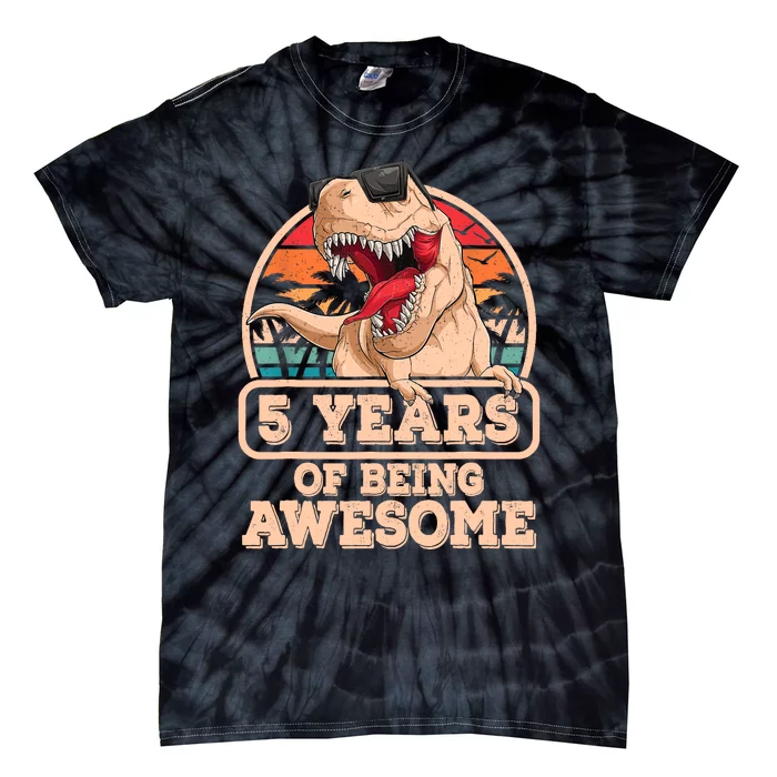 5 Years Of Being Awesome T Rex Dinosaur 5th Birthday Dino Tie-Dye T-Shirt