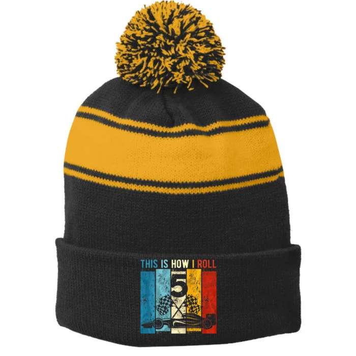 5 Year Old Birthday Race Car 5th Birthday Racing Stripe Pom Pom Beanie