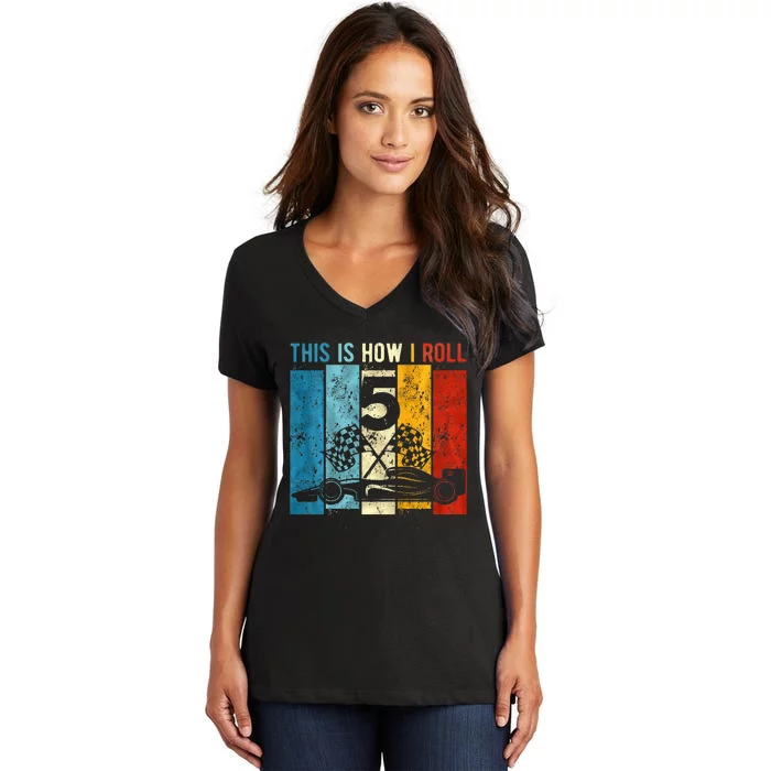 5 Year Old Birthday Race Car 5th Birthday Racing Women's V-Neck T-Shirt