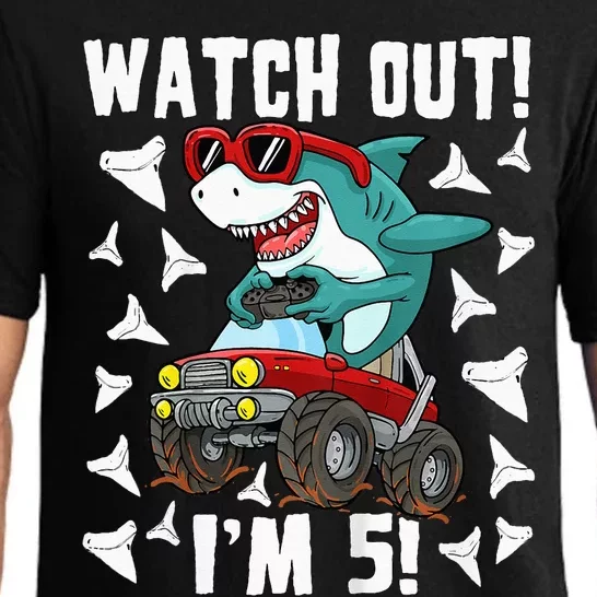 5 Years Old 5th Birthday Shark Monster Truck Gamer Pajama Set