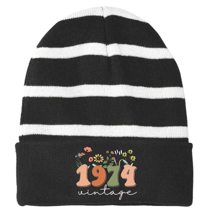 50 Years Old Vintage 1974 50th Birthday Wildflower Striped Beanie with Solid Band