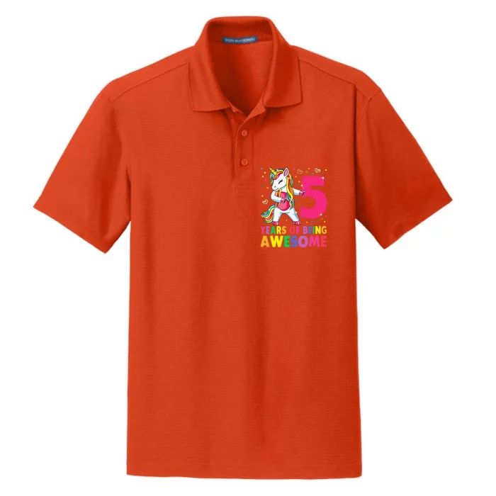 5 Years Old Unicorn Flossing 5th Birthday Girl Unicorn Party Dry Zone Grid Performance Polo