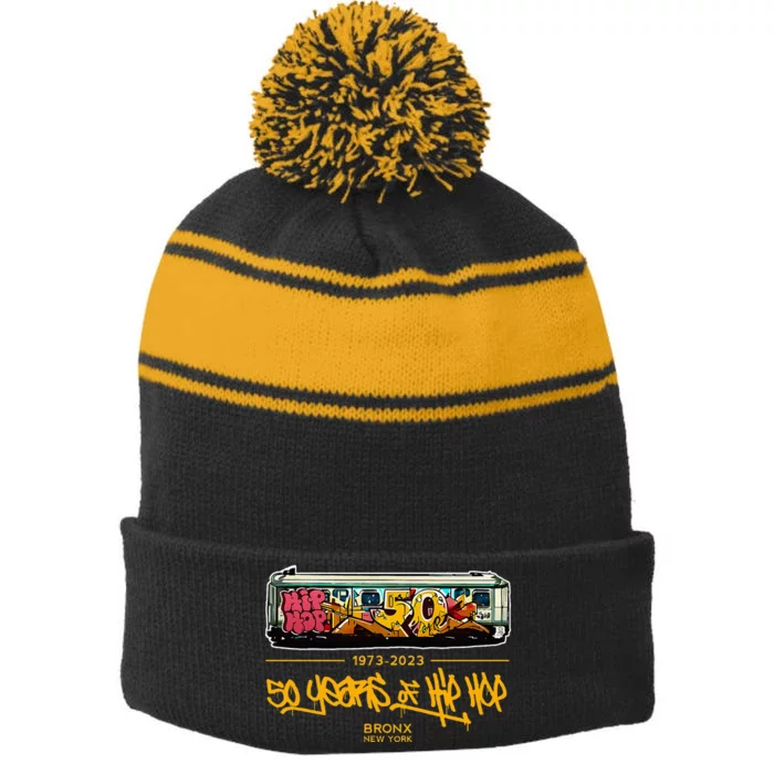 50 Years Of Hip Hop 50th Anniversary Retro Stripe Pom Pom Beanie