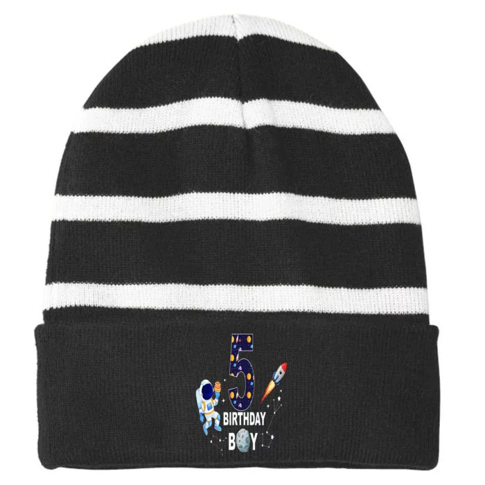 5 Years Old Birthday Boy Space Astronaut 5th Birthday Striped Beanie with Solid Band