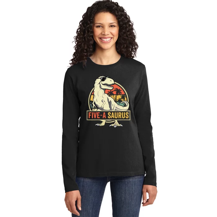 5 Year Old Dinosaur Birthday 5th T Rex Dino Five Saurus Ladies Long Sleeve Shirt