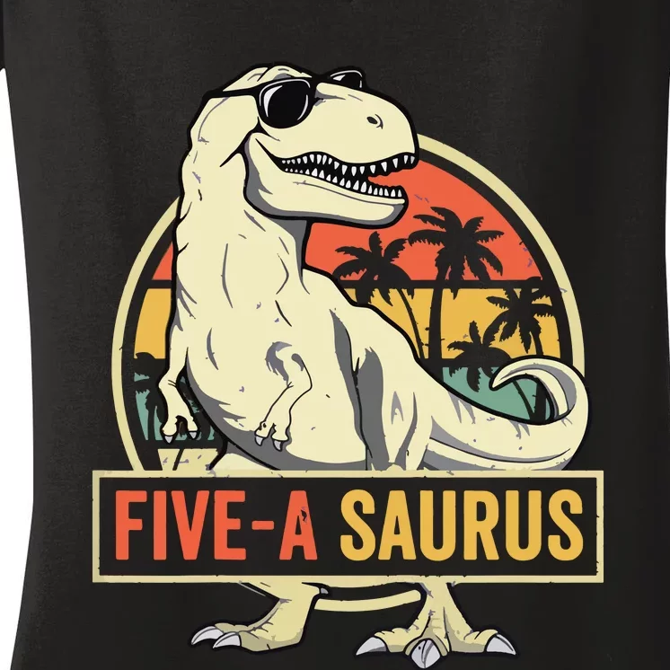 5 Year Old Dinosaur Birthday 5th T Rex Dino Five Saurus Women's V-Neck T-Shirt