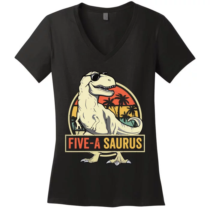 5 Year Old Dinosaur Birthday 5th T Rex Dino Five Saurus Women's V-Neck T-Shirt