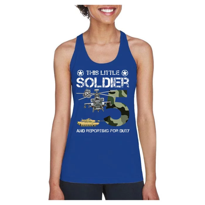 5 Year Old Soldier Camo Army Birthday Themed Military Family Women's Racerback Tank