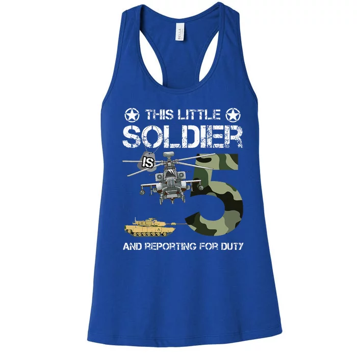 5 Year Old Soldier Camo Army Birthday Themed Military Family Women's Racerback Tank