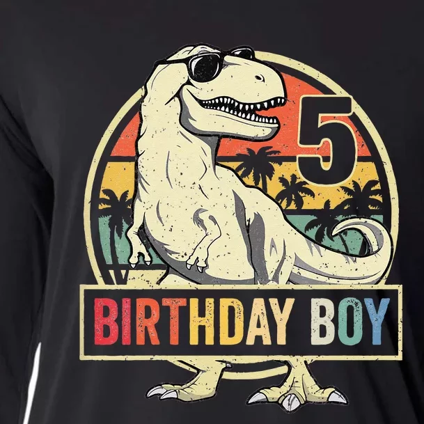 5 Year Old  5th Birthday  T Rex Dinosaur Cooling Performance Long Sleeve Crew