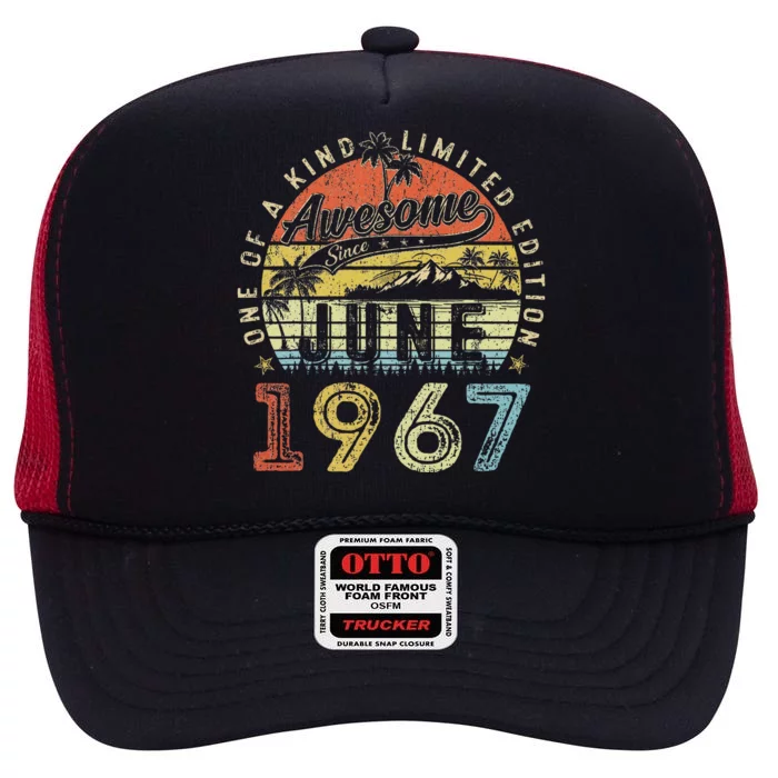 56 Year Old Awesome Since June 1967 56th Birthday High Crown Mesh Trucker Hat