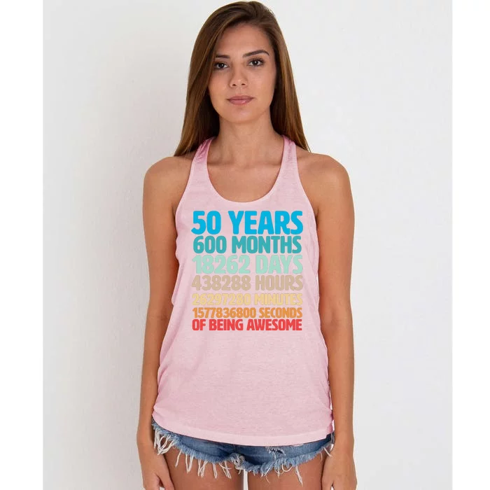 50 Years Of Being Awesome 50th Birthday Time Breakdown Women's Knotted Racerback Tank