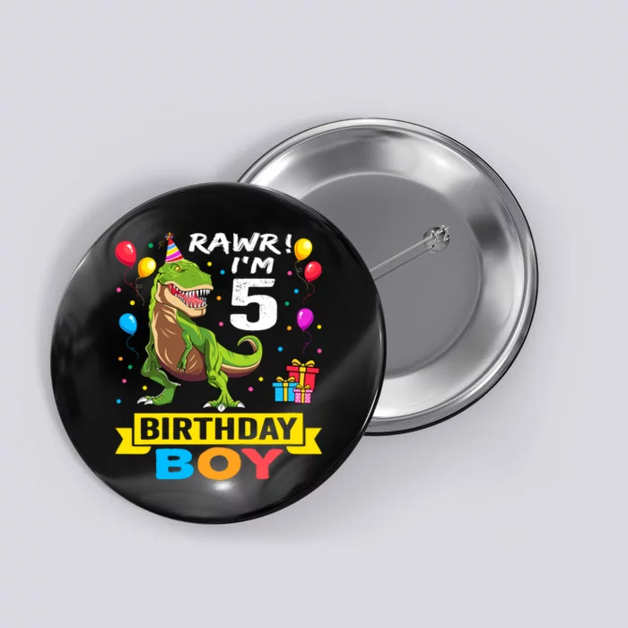 5 Year Old 5th Birthday Boy T Rex Dinosaur Button