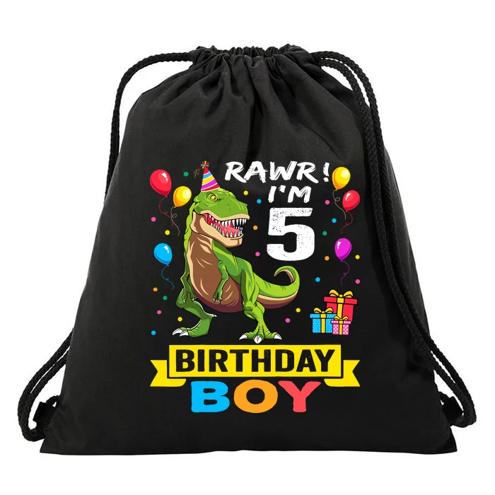 5 Year Old 5th Birthday Boy T Rex Dinosaur Drawstring Bag