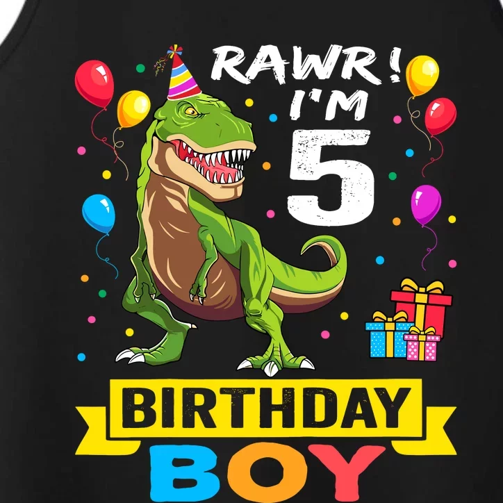 5 Year Old 5th Birthday Boy T Rex Dinosaur Performance Tank