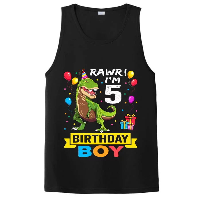 5 Year Old 5th Birthday Boy T Rex Dinosaur Performance Tank