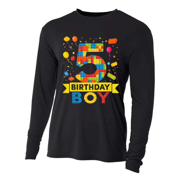 5 Year Old Building Blocks 5th Birthday Cooling Performance Long Sleeve Crew