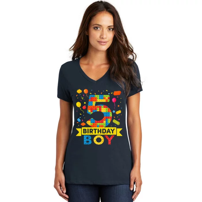 5 Year Old Building Blocks 5th Birthday Boy Women's V-Neck T-Shirt