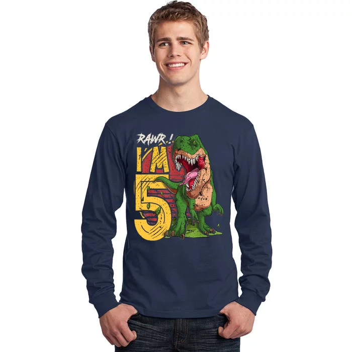 5 Year Old Gifts 5th Birthday Boy Rawr I'm 5 T Rex Dinosaur Tall Long Sleeve T-Shirt