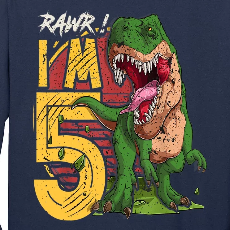 5 Year Old Gifts 5th Birthday Boy Rawr I'm 5 T Rex Dinosaur Tall Long Sleeve T-Shirt