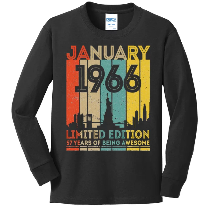 57 Years Old Gifts Vintage January 1966 57th Birthday Kids Long Sleeve Shirt