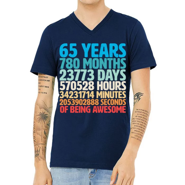 65 Years Of Being Awesome Birthday Time Breakdown V-Neck T-Shirt