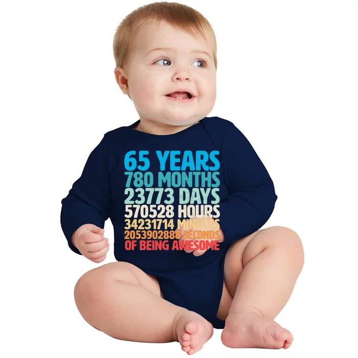 65 Years Of Being Awesome Birthday Time Breakdown Baby Long Sleeve Bodysuit