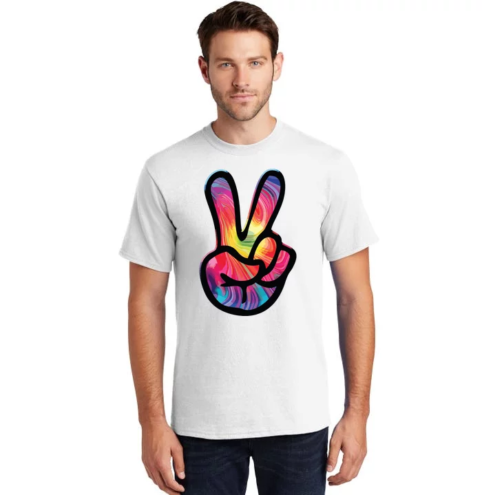 60s 70s Tie Dye Peace Hand Sign Hippie Tall T-Shirt