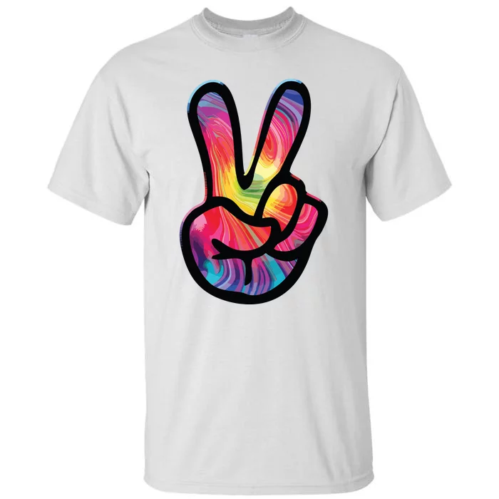 60s 70s Tie Dye Peace Hand Sign Hippie Tall T-Shirt