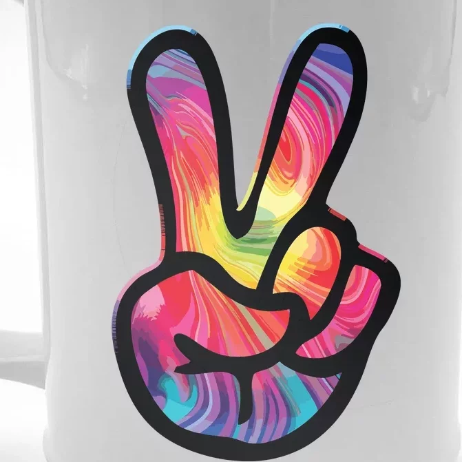 60s 70s Tie Dye Peace Hand Sign Hippie Front & Back Beer Stein