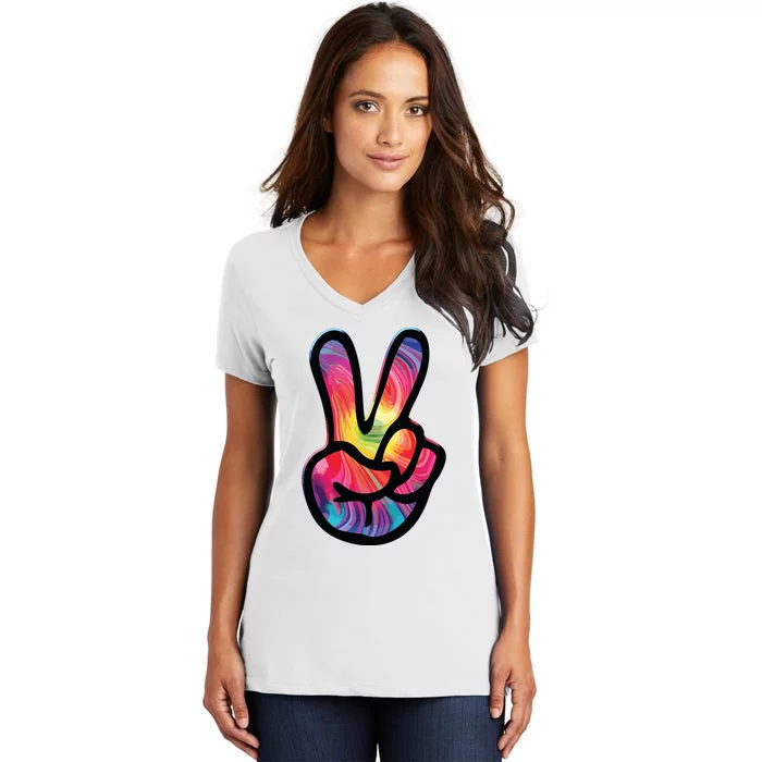 60s 70s Tie Dye Peace Hand Sign Hippie Women's V-Neck T-Shirt