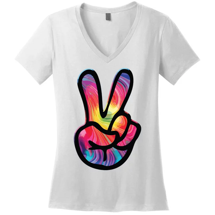 60s 70s Tie Dye Peace Hand Sign Hippie Women's V-Neck T-Shirt