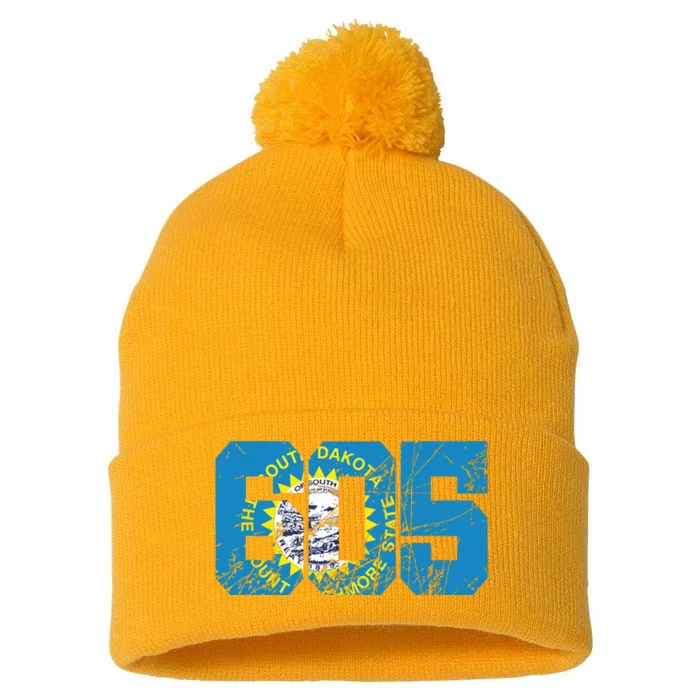 605 Area Code Flag Of South Dakota State Vintage Pom Pom 12in Knit Beanie