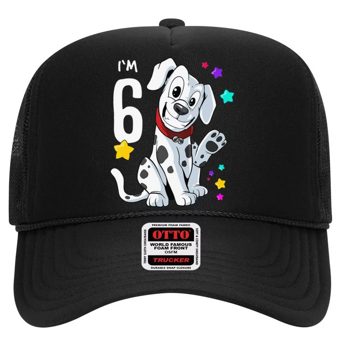 6th Birthday 6 Year Old Dalmatian High Crown Mesh Trucker Hat