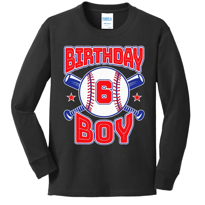 6th Birthday Baseball Big Number Six 6 Year Old Boy Girl Kids Long Sleeve Shirt