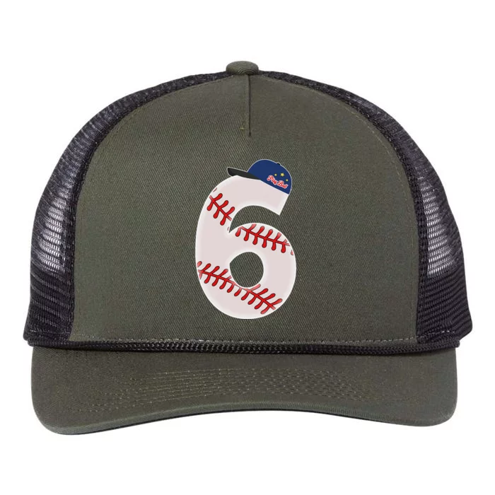 6th Birthday Baseball Big Number 6 Year Old Retro Rope Trucker Hat Cap