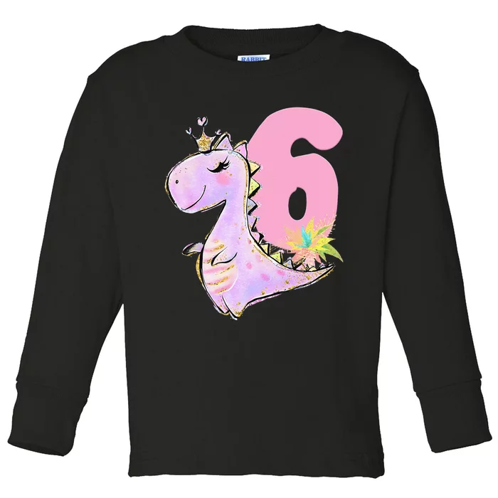 6th Birthday Dinosaur Dino Party TRex Six Toddler Long Sleeve Shirt