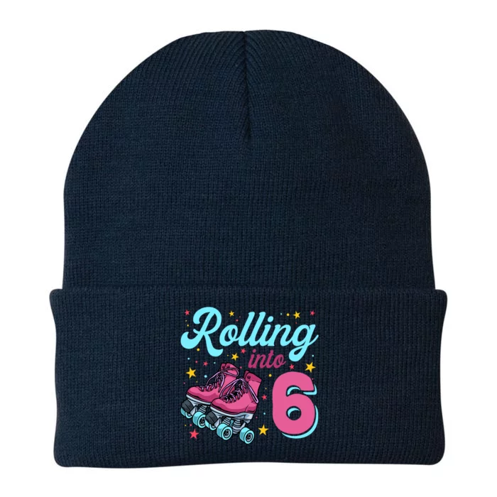 6th Birthday For Girl Roller Skates Rolling Into 6 Knit Cap Winter Beanie