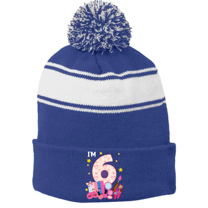 6th Birthday For Little Makeup Spa Nail 6 Years Old Gift Stripe Pom Pom Beanie