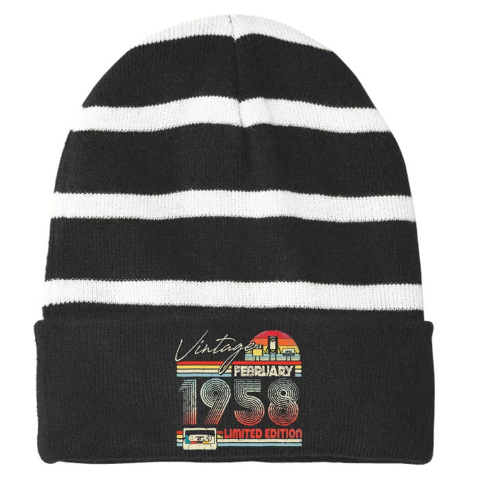 65th Birthday February 1958 Vintage Cassette Limited Edition Striped Beanie with Solid Band