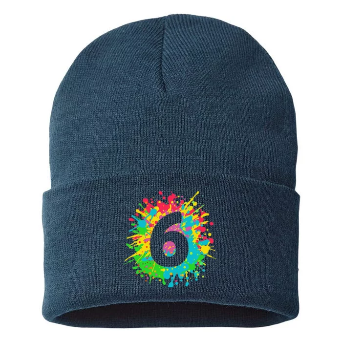 6th Birthday For, Number 6 In Paint Splashes Sustainable Knit Beanie