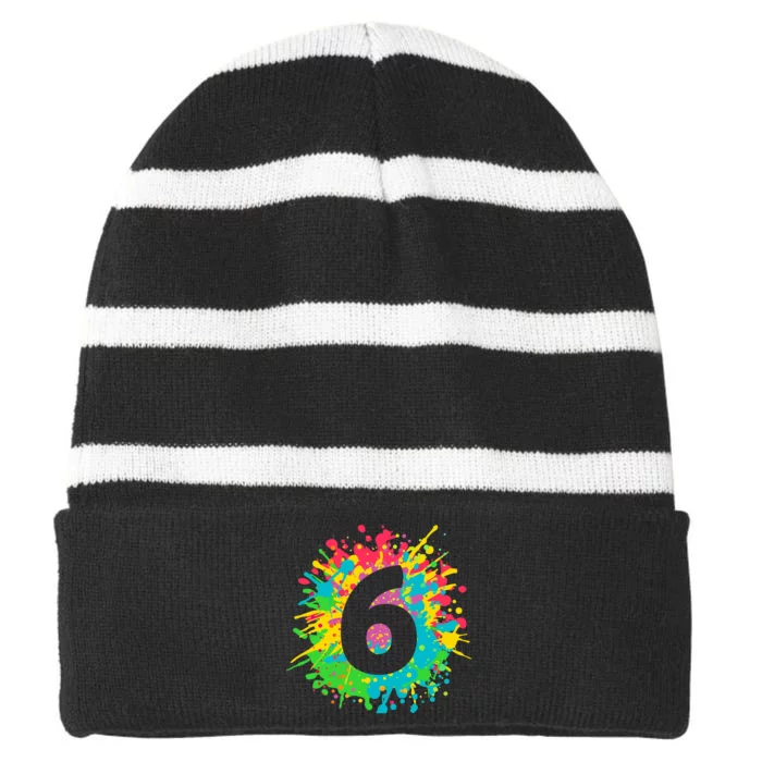 6th Birthday for girl, boy. 6, paint splashes tee. Striped Beanie with Solid Band