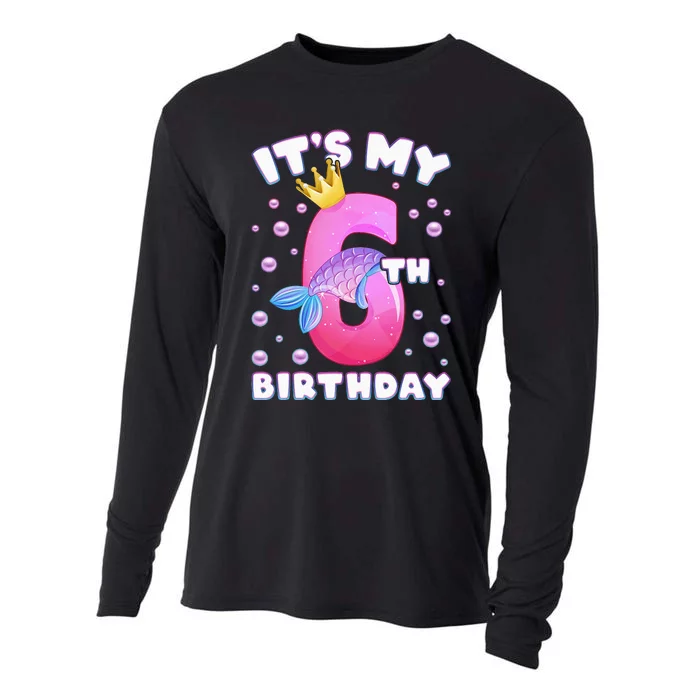 6th Birthday Girl Mermaid Fin Number 6 Cooling Performance Long Sleeve Crew