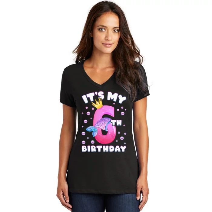 6th Birthday Girl Mermaid Fin Number 6 Women's V-Neck T-Shirt