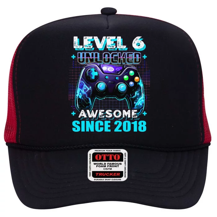 6th Birthday Gamer 6 Year Old Funny Bday Boy Six Son High Crown Mesh Trucker Hat